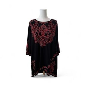 Women's 1X Black Red Metallic Embroidered Tunic Curvy Plus Half Sleeve Blouse